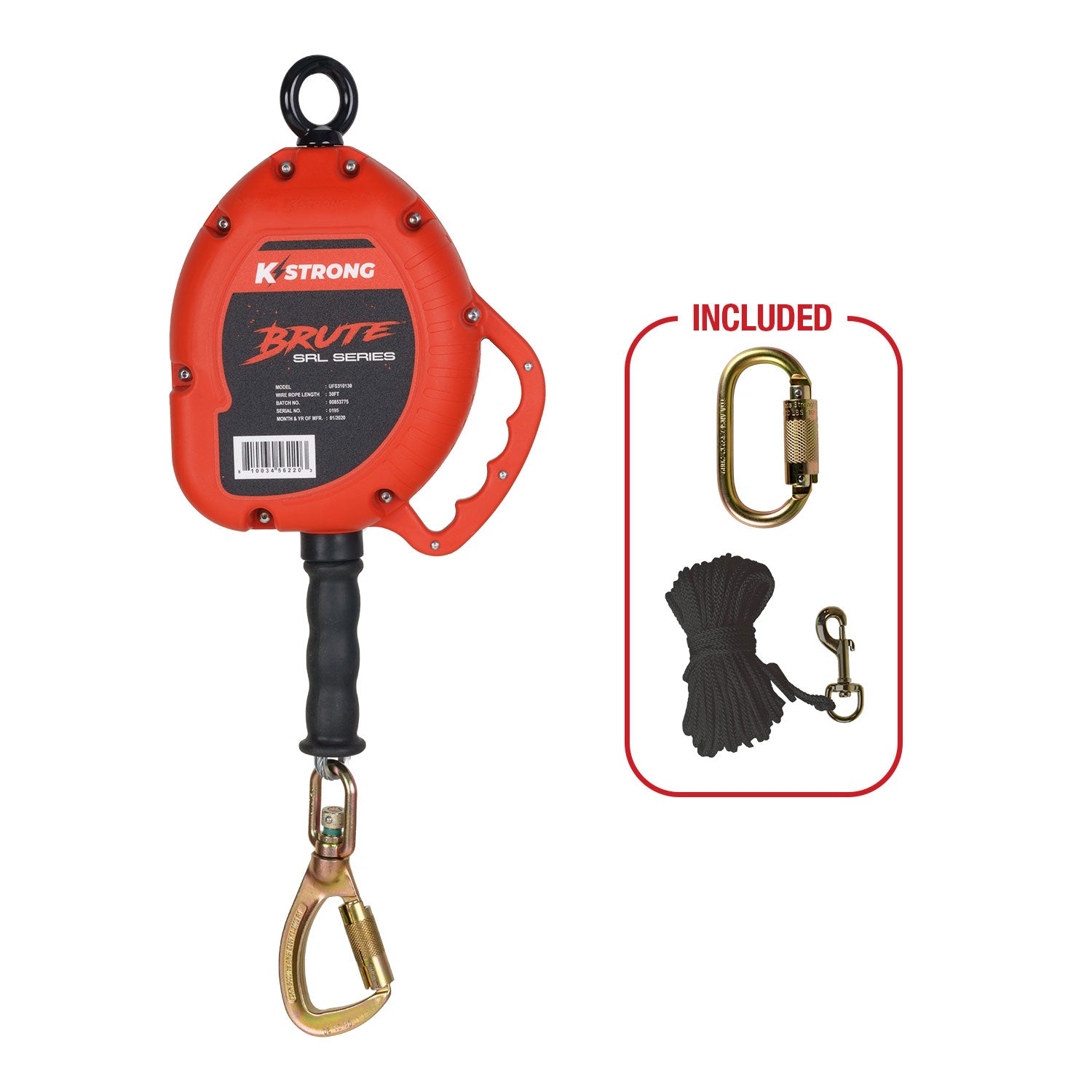 K Strong BRUTE? 30' Galvanized Steel Cable SRL with Load Indicating Swivel Locking Carabiner UFS310130