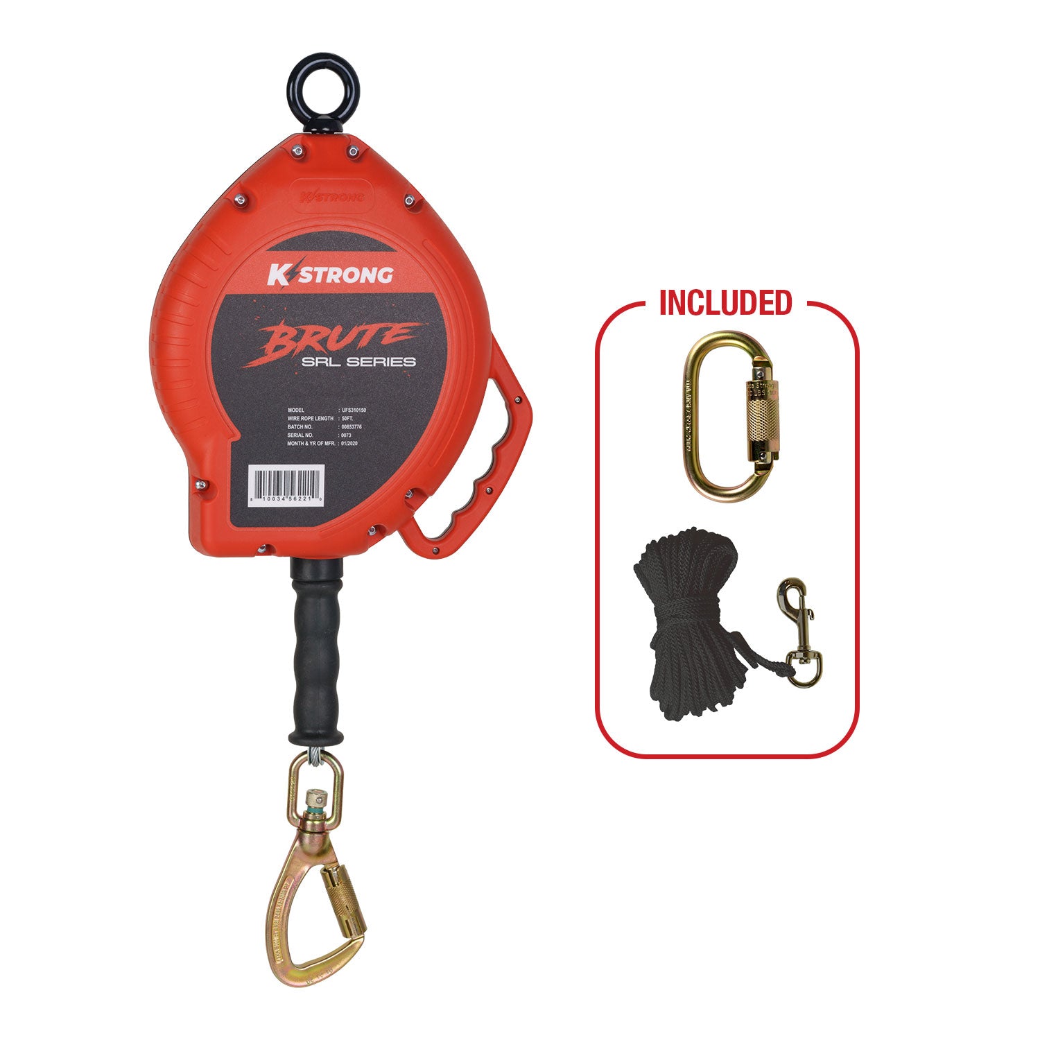 K Strong BRUTE? 50' Galvanized Steel Cable SRL with Load Indicating Swivel Locking Carabiner UFS310150