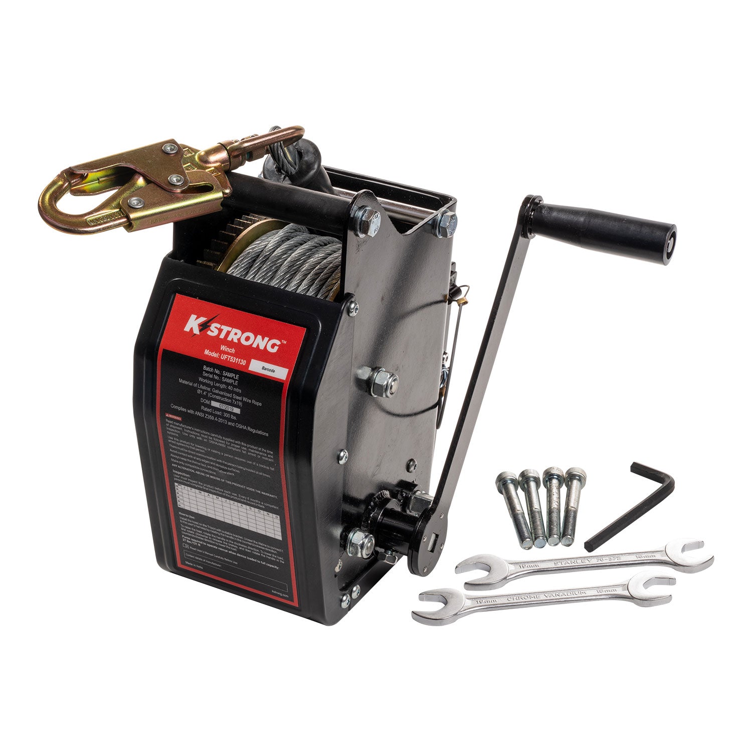 K Strong 100' Galvanized Wire Cable Personnel/Material Rated Bi-directional Winch with Brake Feature and Mounting Bracket UFT531130