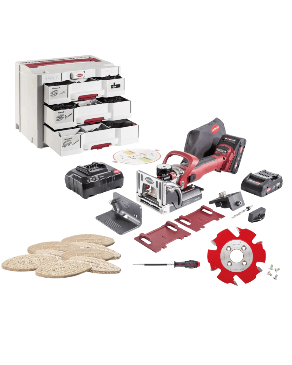 Lamello Zeta P2 Cordless 18V Ultimate P-System & Standard Joinery Kit with Diamond & Carbide Cutters, Pro Connector Assortment, 1000 #20 Biscuits & Flex Tool 101801DSULTIMATE