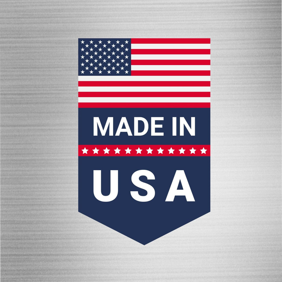 Made in USA badge featuring the American flag and bold MADE IN USA text on a dark blue banner
