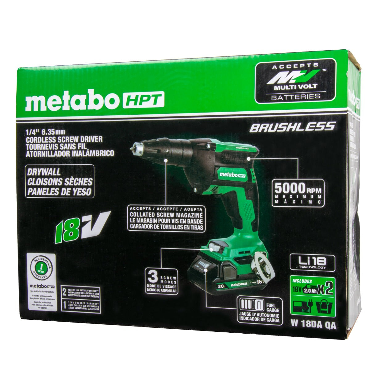 Metabo 18V MultiVolt Cordless Drywall Screw Gun Kit with 2x 2.0Ah Batteries, Charger & Bag W18DAQAM