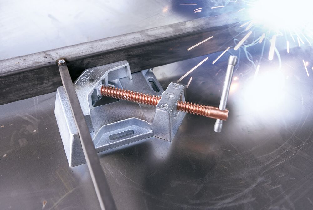 BESSEY WSM-12 welding angle clamp with copper plated spindle on a metal worktable