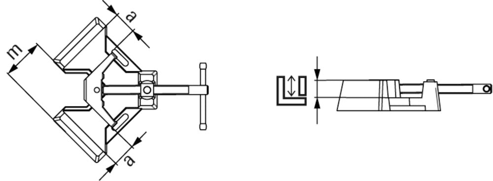 Technical schematic of a welding angle clamp with dimension labels