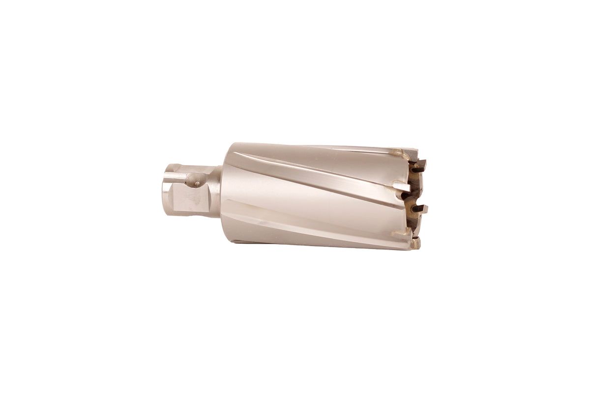 Angle view of Fein Slugger annular cutter showing carbide tipped fluted body and 3/4 in universal shank.
