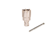 Close-up of a carbide tipped annular cutter head with a universal shank against a white background